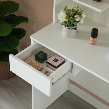 Basicwise White Modern Wooden Dressing Table with Drawer, Mirror and Shelves for The Dining Room, Entryway QI004241L.WT